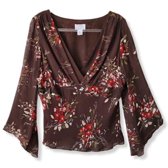Ann Taylor LOFT Tops - Women 90s Y2K Brown Floral Silk Blouse Top M Phoebe Buffay Fairy Goblin Nature